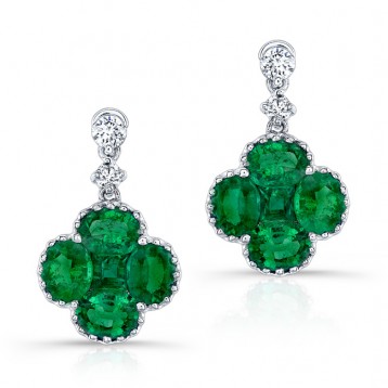 NATURAL COLOR WHITE GOLD EMERALD FLOWER DIAMOND DROP EARRINGS