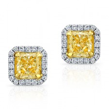 WHITE AND YELLOW GOLD RADIANT FANCY YELLOW DIAMOND STUD EARRINGS