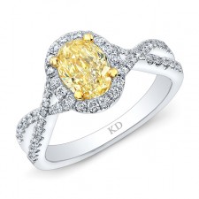 WHITE AND YELLOW GOLD TWISTED FANCY YELLOW OVAL DIAMOND HALO RING