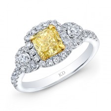 WHITE AND YELLOW GOLD FANCY YELLOW  CUSHION DIAMOND  ENGAGEMENT RING
