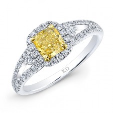 WHITE AND YELLOW GOLD FANCY YELLOW CUSHION DIAMOND BRIDAL RING