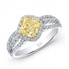 WHITE AND YELLOW GOLD ELEGANT FANCY YELLOW DIAMOND CUSHION ENGAGEMENT RING