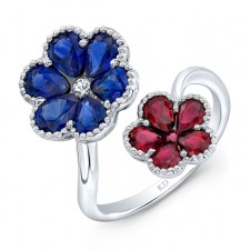 WHITE GOLD NATURAL COLOR RUBY &  SAPPHIRE FLOWER DIAMOND RING