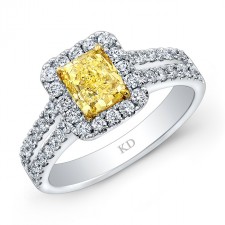 WHITE AND YELLOW GOLD FANCY YELLOW CUSHION DIAMOND HALO RING