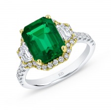 NATURAL COLOR WHITE & YELLOW GOLD THREE STONE RADIANT EMERALD RING